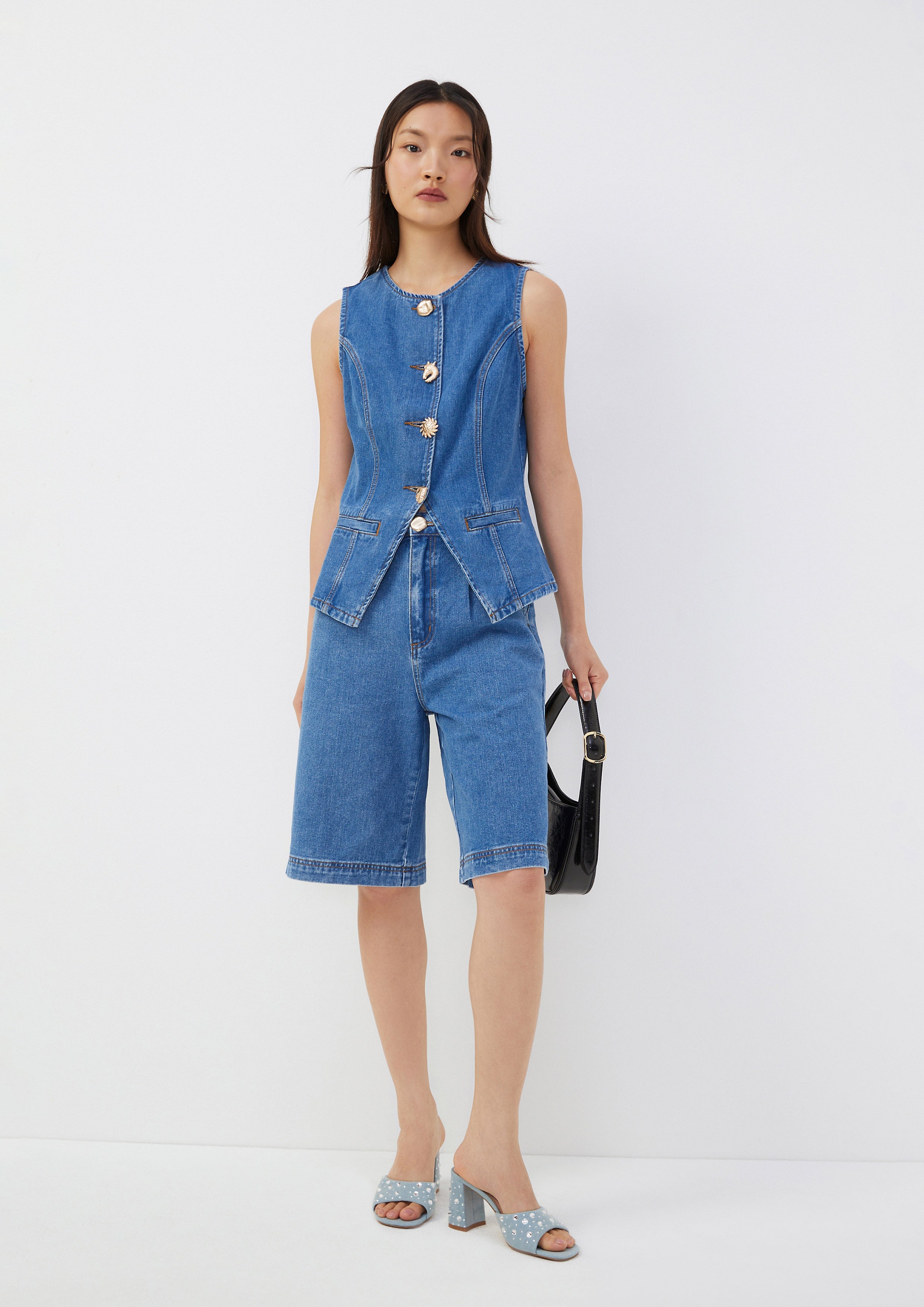Metal Motif Buttons Denim Vest Roar of Serengeti