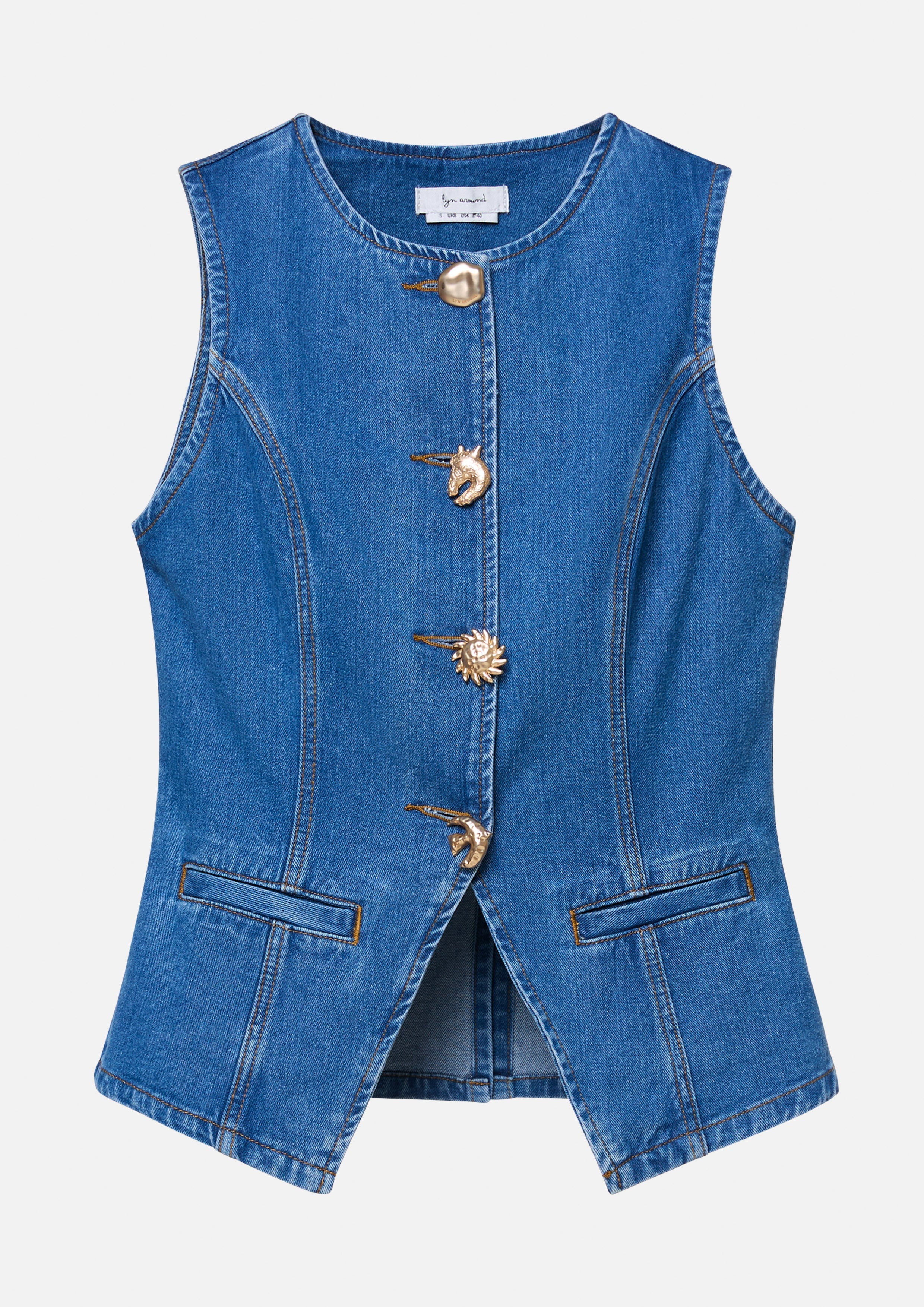 Metal Motif Buttons Denim Vest Roar of Serengeti