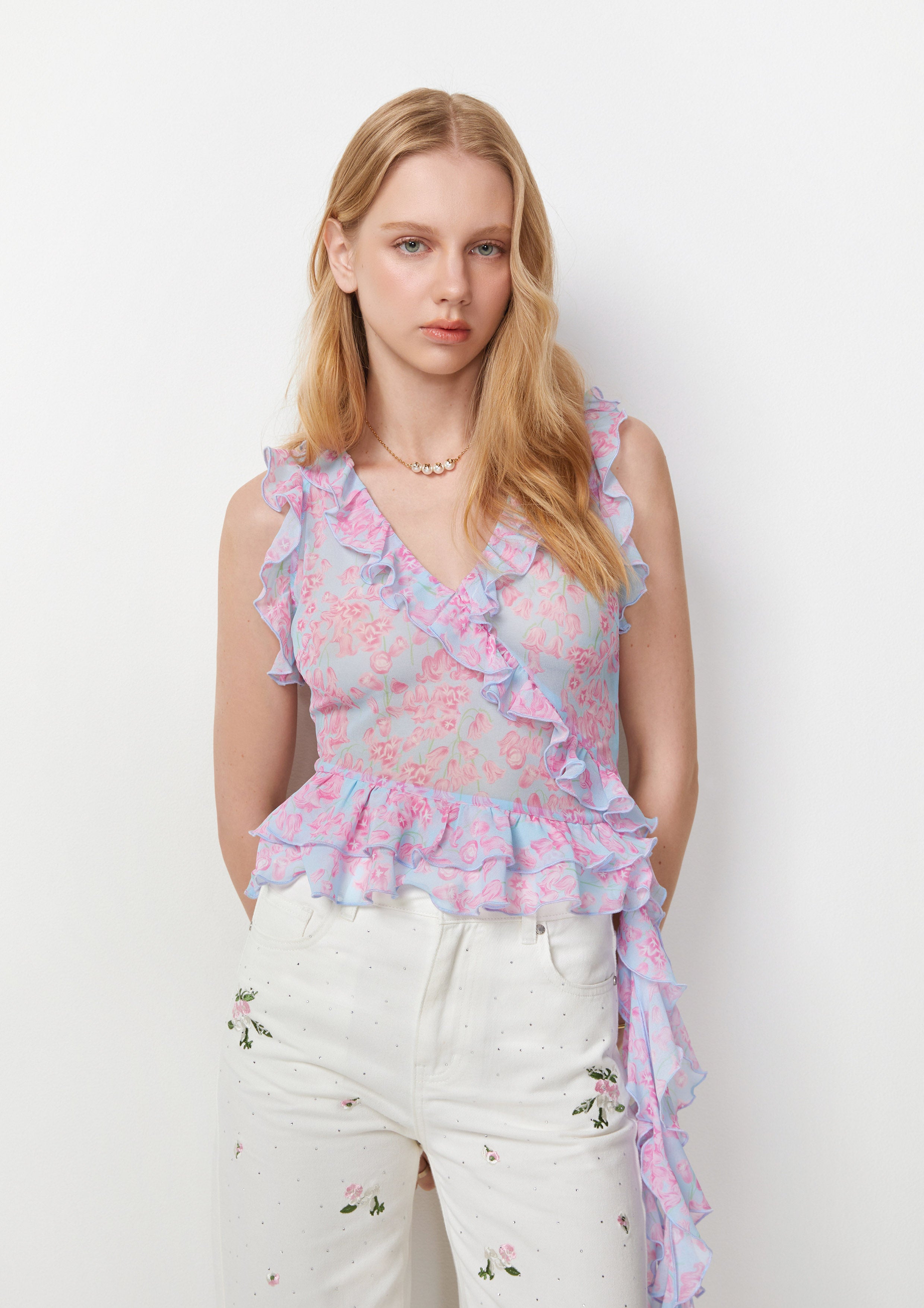 Floral Ruffle Trim Sleeveless Top Best Bunnies