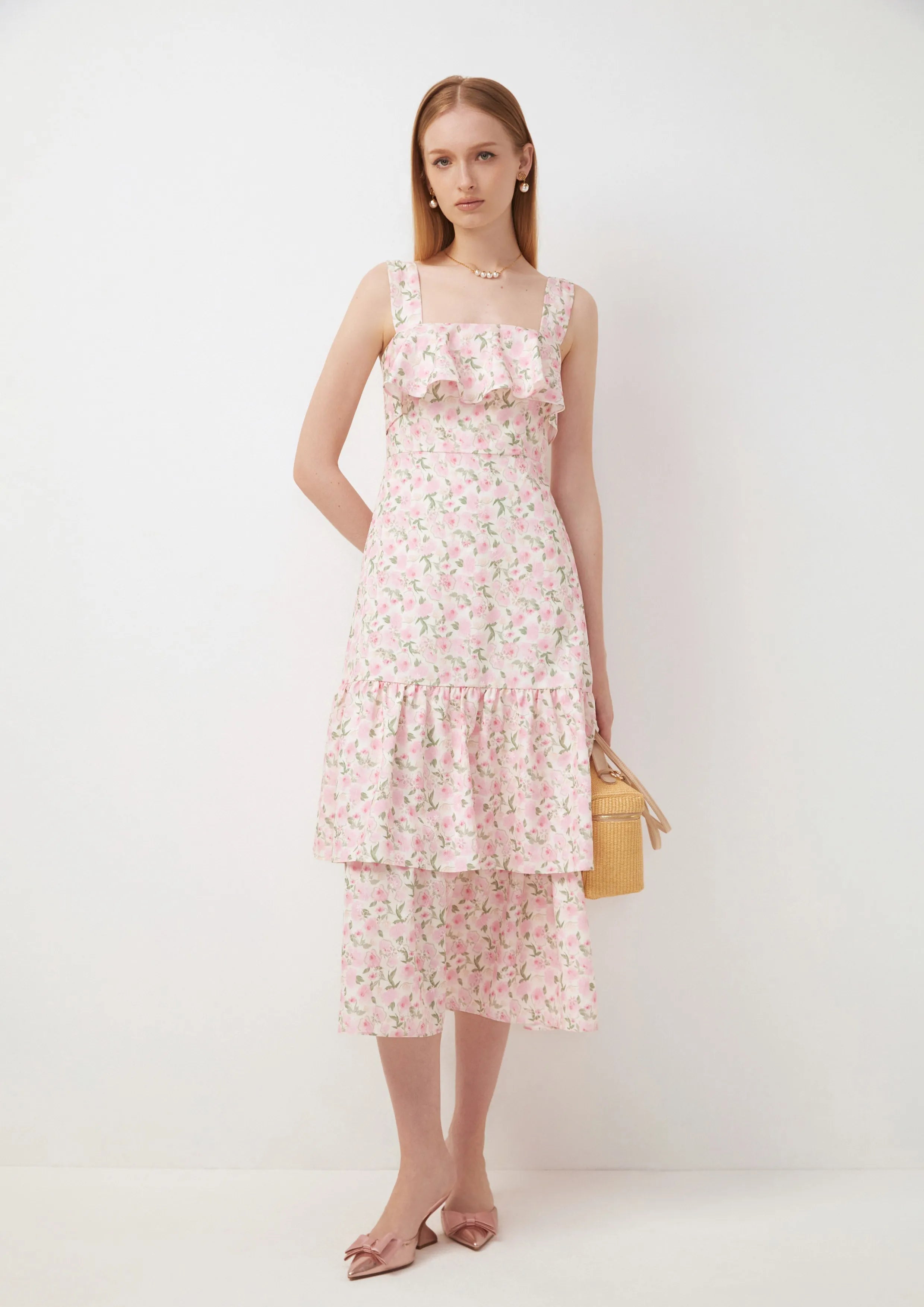 Rose Garden Ruffle Tiered Midi Dress Romantic Rosy