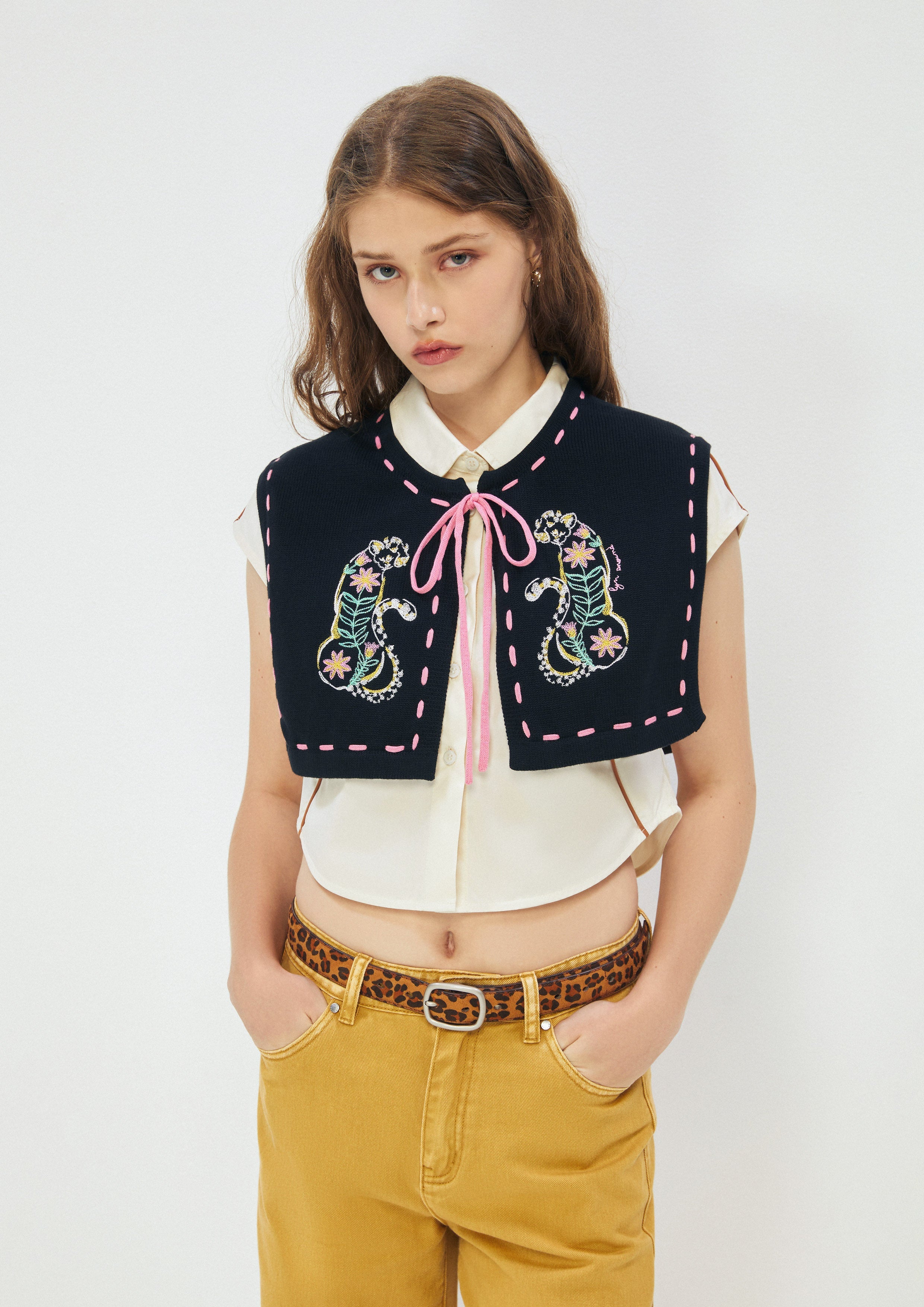 Embroidered Panther Knit Capelet