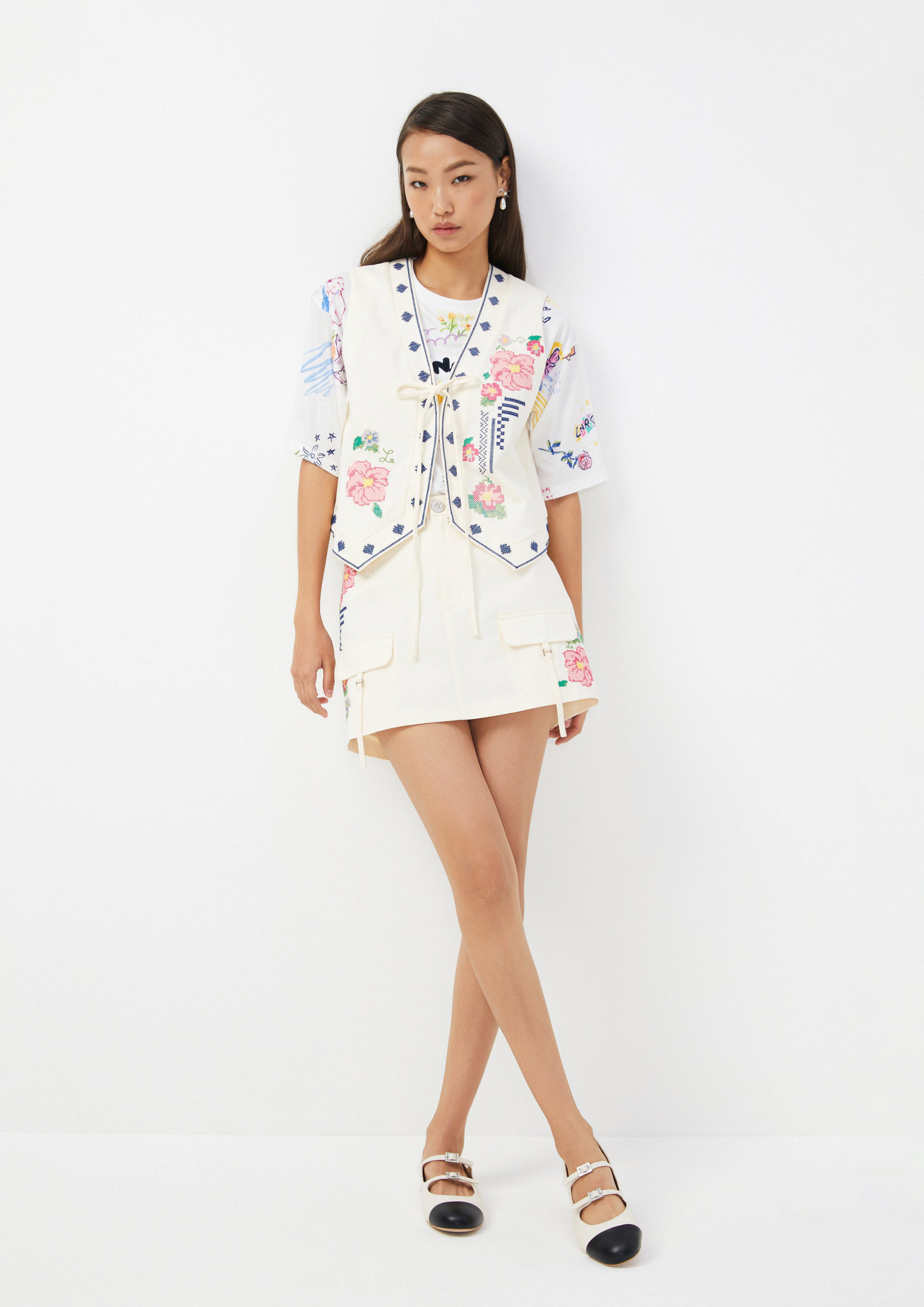 Cross-Stitch Floral Embroidered Mini A-Line Skirt Scandi Folk Art