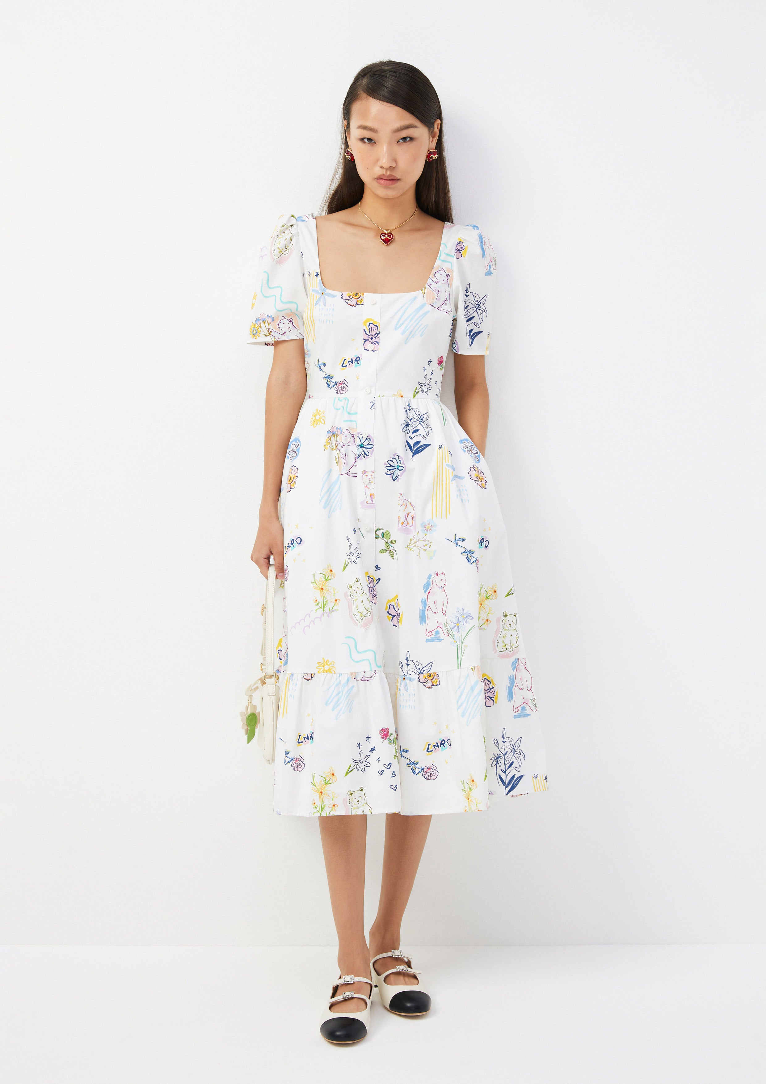 Playful Sketch Print Puff Sleeve Midi Dress The Wild Spirit