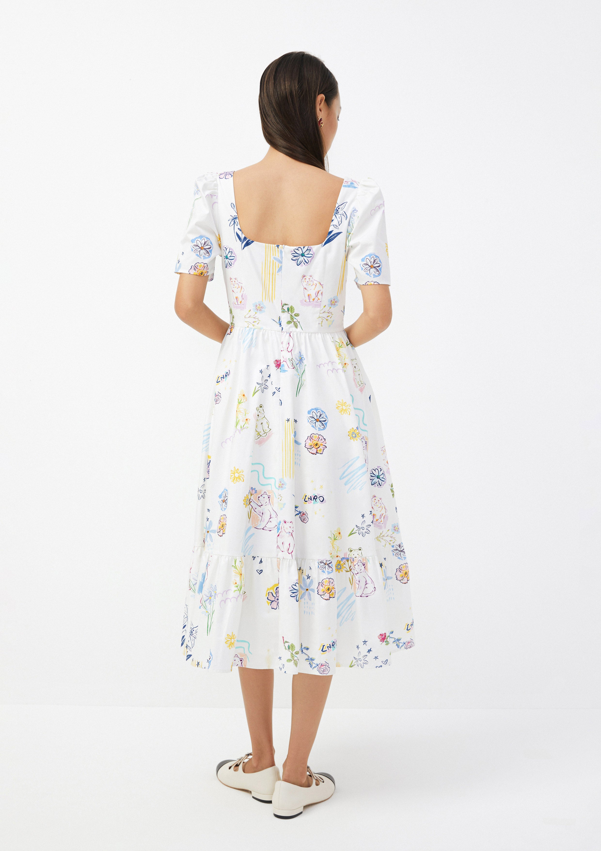 Playful Sketch Print Puff Sleeve Midi Dress The Wild Spirit