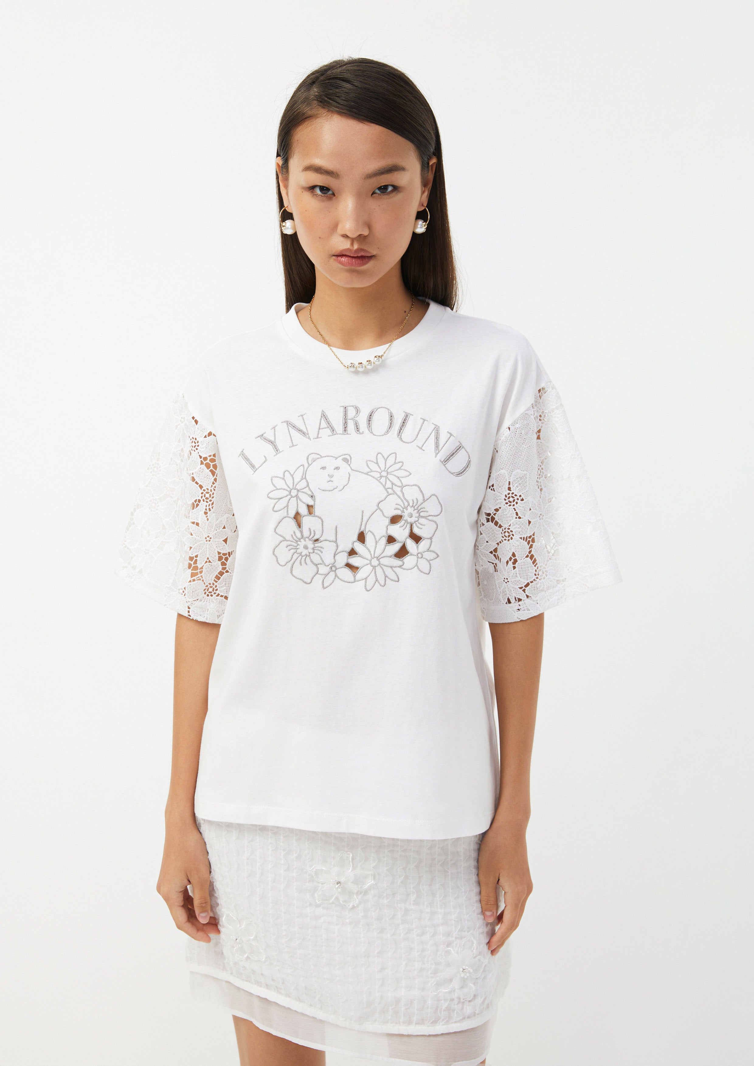 Bear & Floral Embroidered Lace Sleeve Top The Wild Spirit