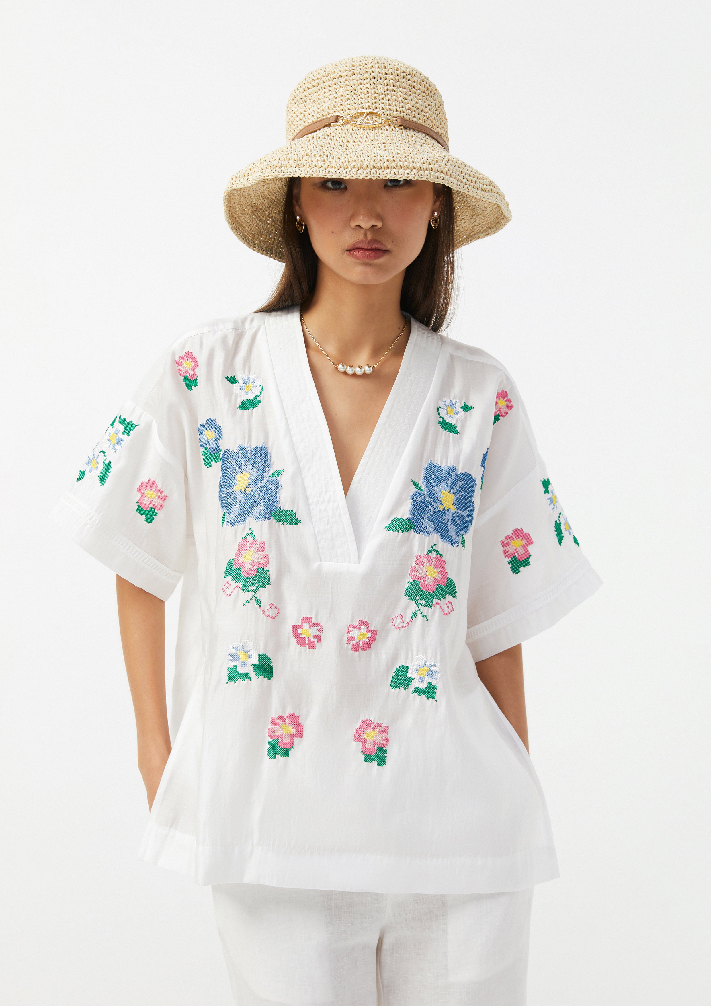 เสื้อทูนิก ปักครอสติช ลายดอกไม้ Scandi Folk Art