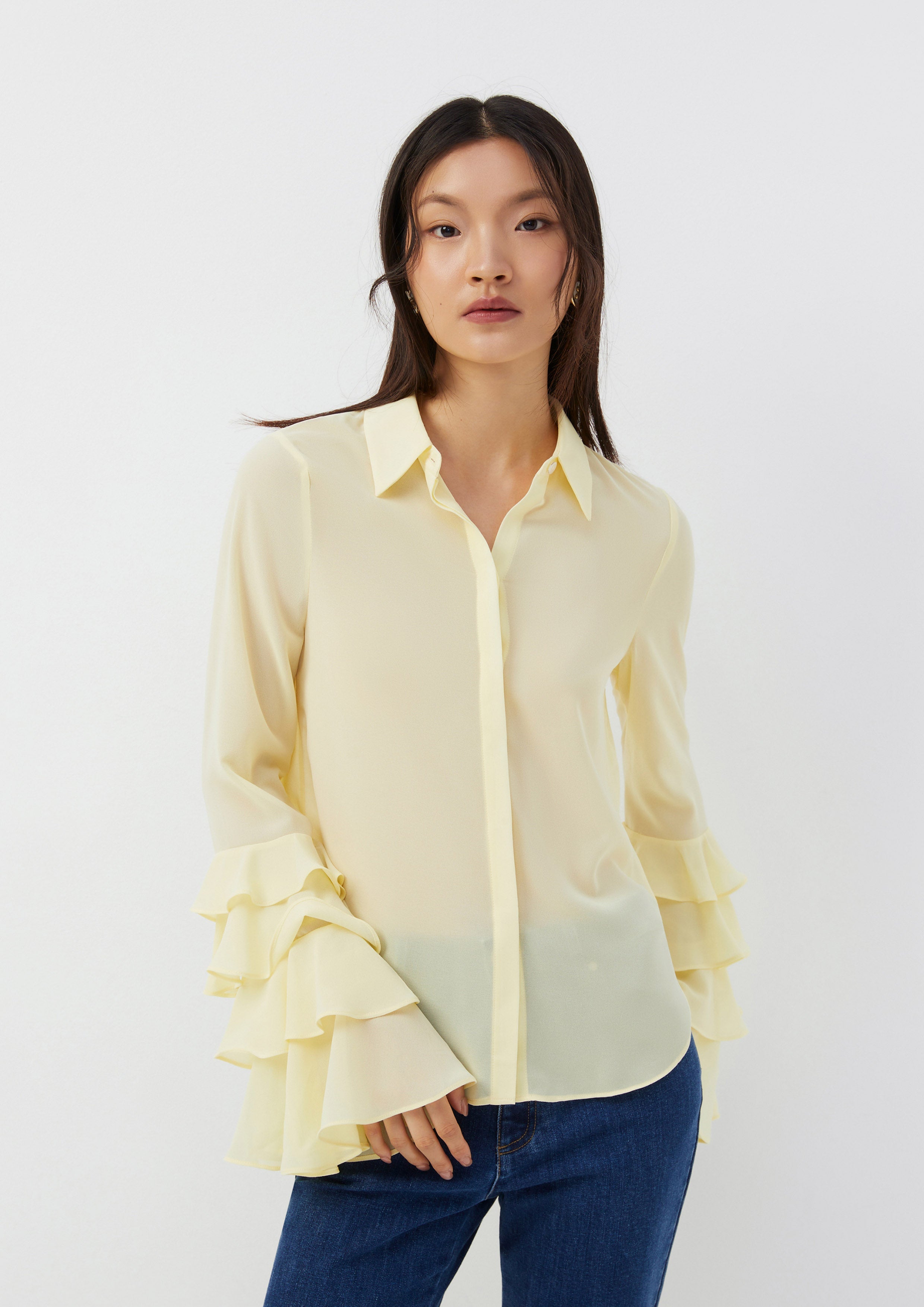 เสื้อเชิ้ต แขนยาว แต่งระบายเลเยอร์ Folk Bloom