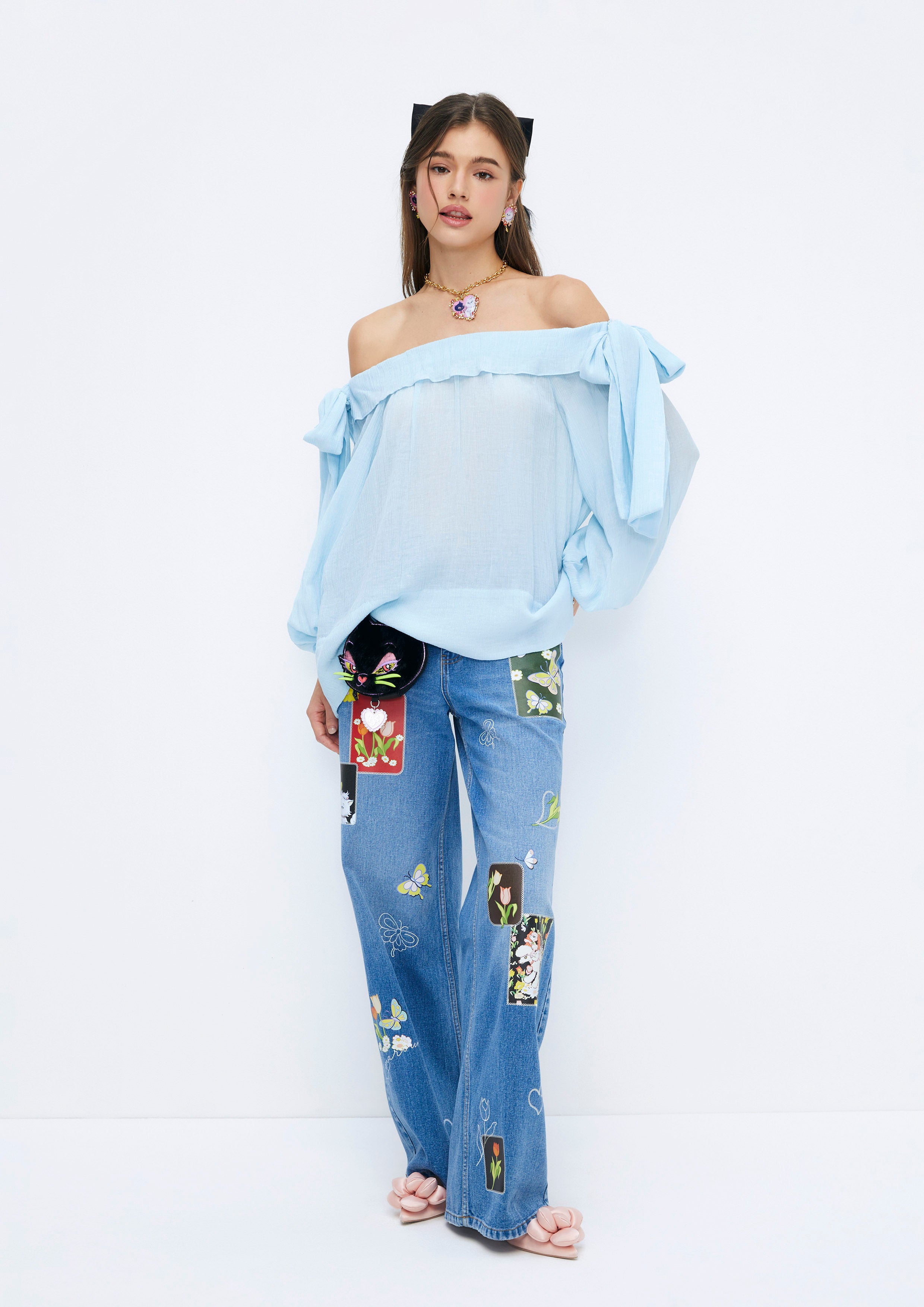 Bows Tied Puffed Sleeve Cropped Off-Shoulder Top Soleviva Vacation Collection