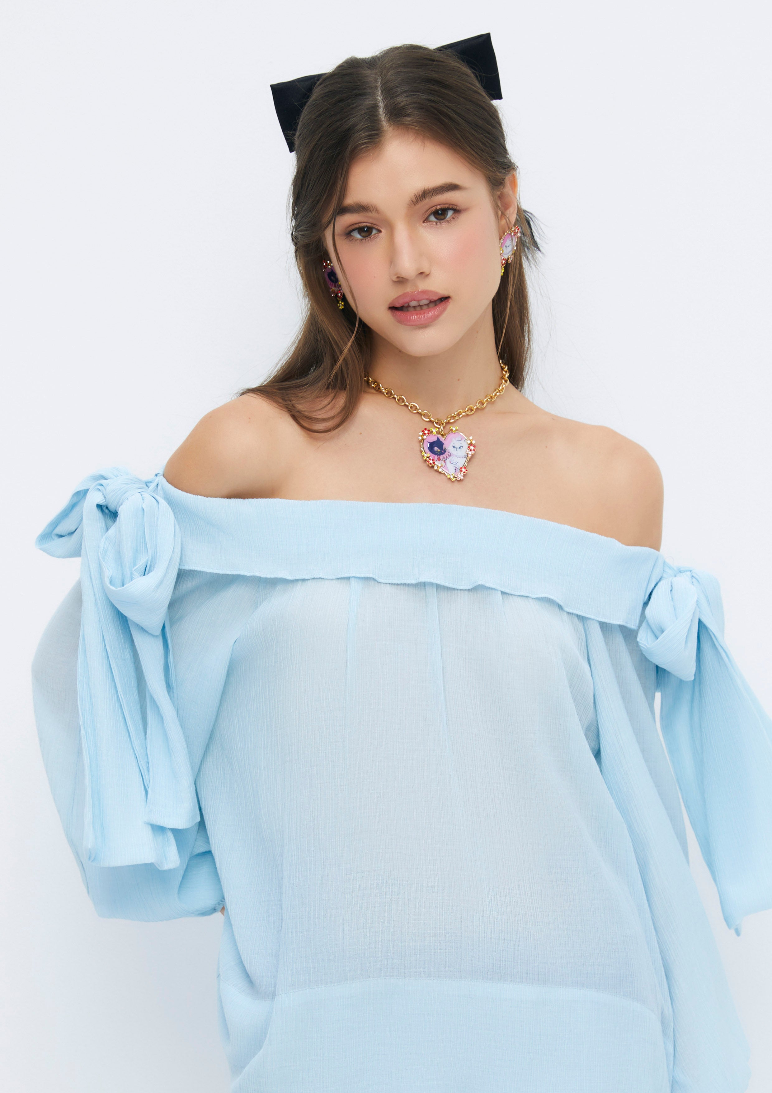 Bows Tied Puffed Sleeve Cropped Off-Shoulder Top Soleviva Vacation Collection