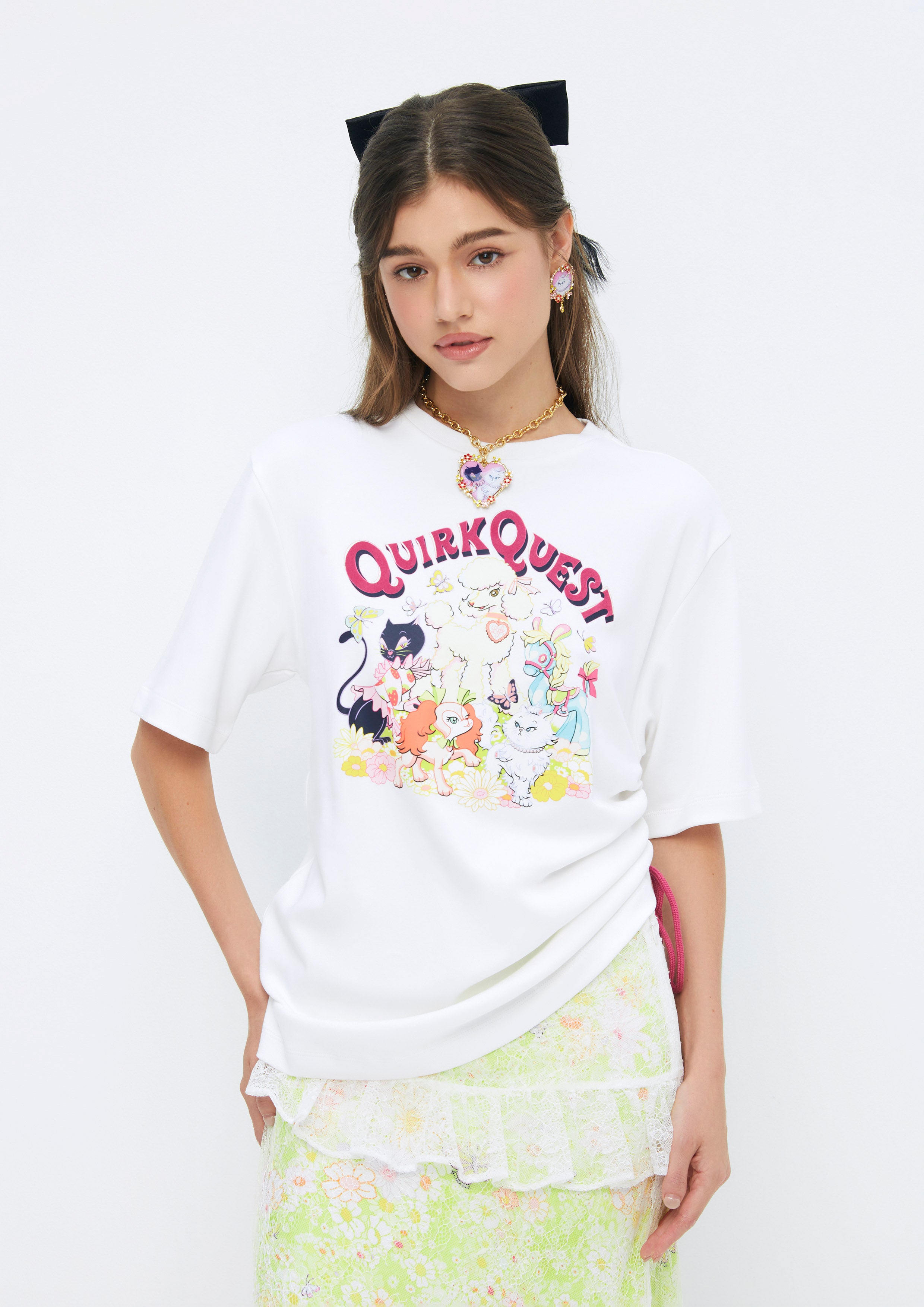 เสื้อยืดแต่งเชือกรูดด้านข้างพิมพ์ลายสัตว์ คอลเลกชัน Quirk Quest